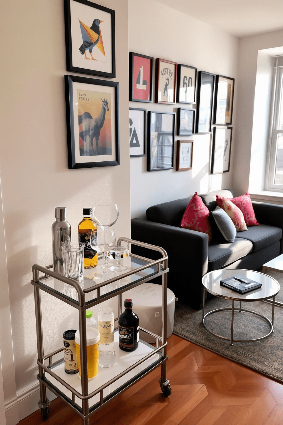 A cozy studio apartment featuring a small bar cart for entertaining. The bar cart is elegantly styled with a mix of glassware, a shaker, and a selection of spirits, positioned near a window with natural light streaming in. The living area includes a compact sofa adorned with vibrant throw pillows and a small coffee table. The walls are painted in a soft neutral tone, complemented by a gallery of framed artwork that adds personality to the space.