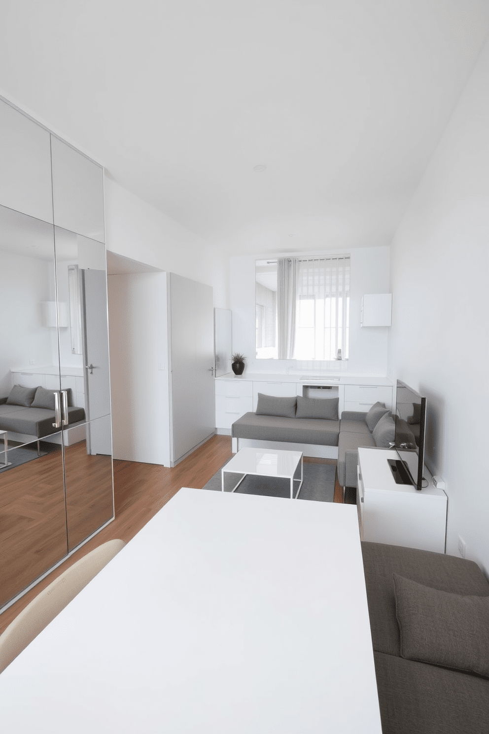 A small studio apartment features a cleverly designed layout that maximizes space and functionality. Mirrors are strategically placed on the walls to create an illusion of depth, making the area feel larger and more open. The living area includes a compact sofa that doubles as a bed, paired with a sleek coffee table. A minimalist dining table is positioned near the kitchen, with a large mirror above it reflecting light and enhancing the airy atmosphere.