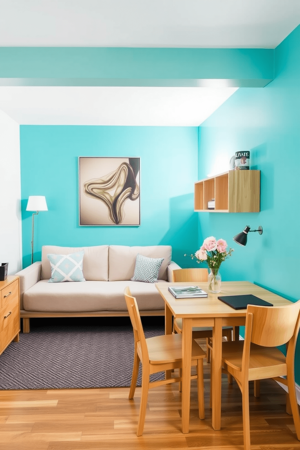 A vibrant accent wall in a small studio apartment creates a focal point that energizes the space. The wall is painted in a bold turquoise hue, complementing the light wood furniture and brightening the overall atmosphere. Incorporate multifunctional furniture to maximize functionality and style. A sleek sofa bed in a neutral tone sits opposite a compact dining table that doubles as a workspace, ensuring the space remains versatile and inviting.