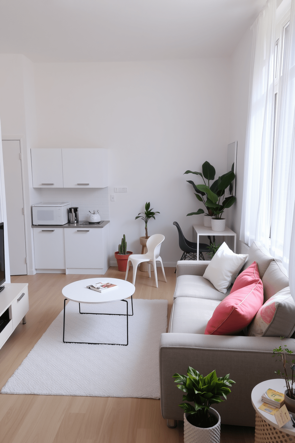 A cozy studio apartment with light-colored walls and soft natural lighting. The space features a compact kitchenette with white cabinetry and a small dining table with pastel-colored chairs. The living area includes a plush light gray sofa adorned with colorful throw pillows. A minimalist coffee table sits on a light area rug, enhancing the airy feel of the room. In one corner, a small workspace with a sleek desk and a comfortable chair is set up. Decorative plants are placed strategically to bring life to the space without overwhelming it.