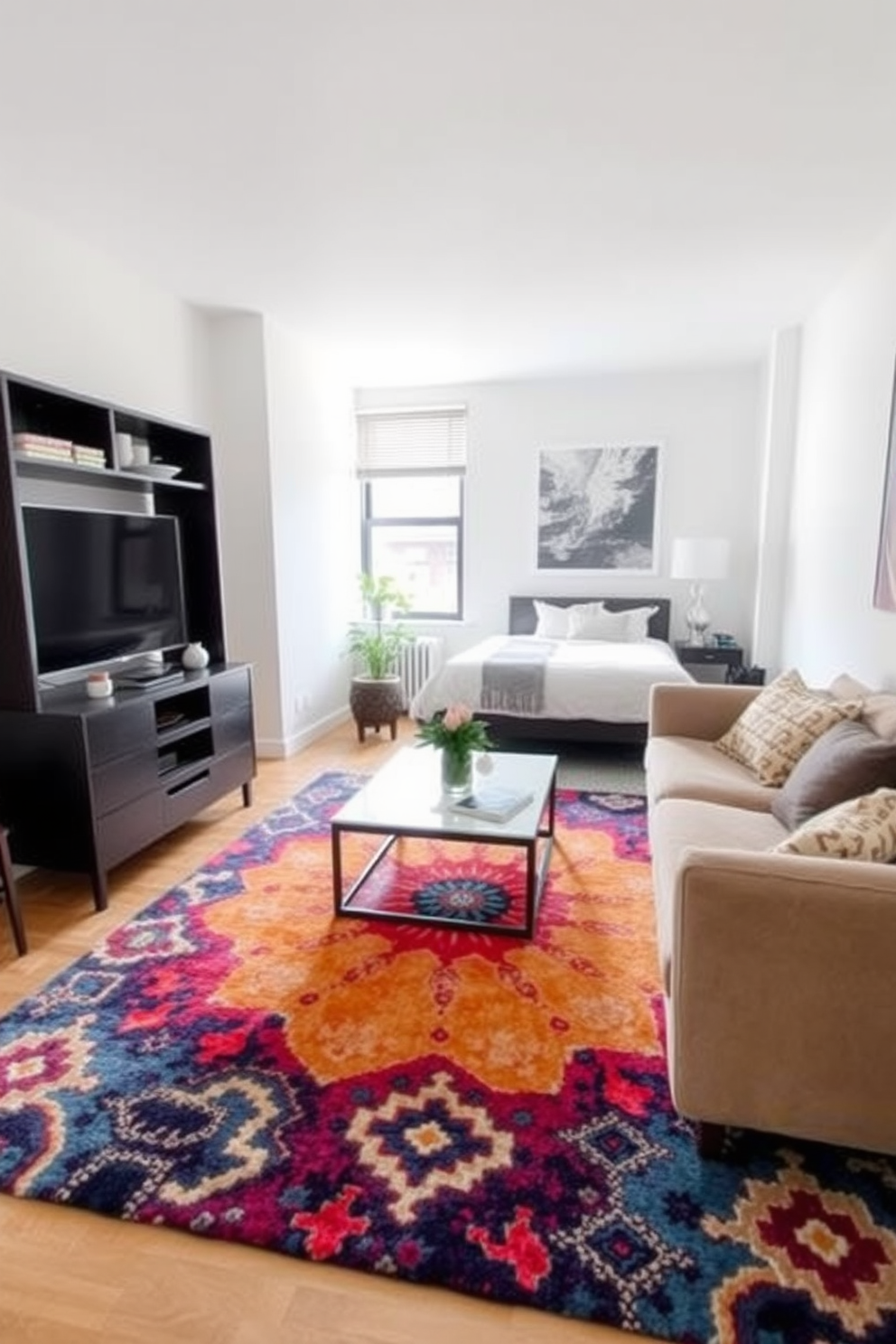 Create distinct zones with rugs and furniture in a small studio apartment. Utilize a vibrant area rug to define the living space, contrasting with a neutral-toned rug in the sleeping area.