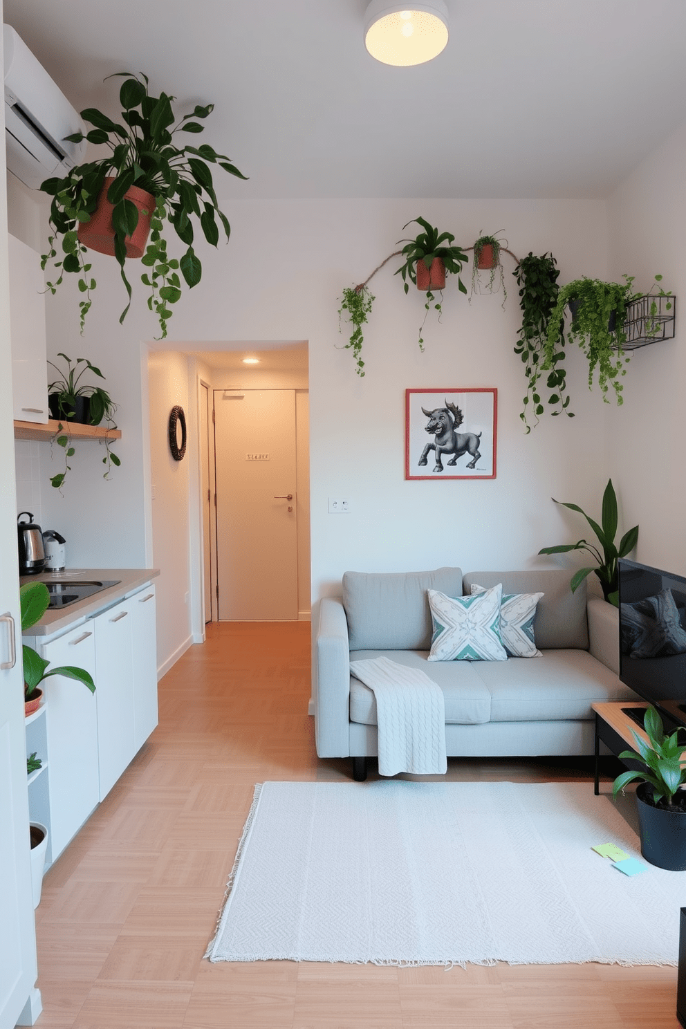 A cozy studio apartment featuring a multifunctional layout with a compact kitchen and living area. The space is adorned with indoor plants in various corners, adding a touch of nature and freshness to the environment. The walls are painted in a soft pastel hue, creating an inviting atmosphere. A stylish sofa bed is positioned against one wall, complemented by a small coffee table and a few decorative cushions.