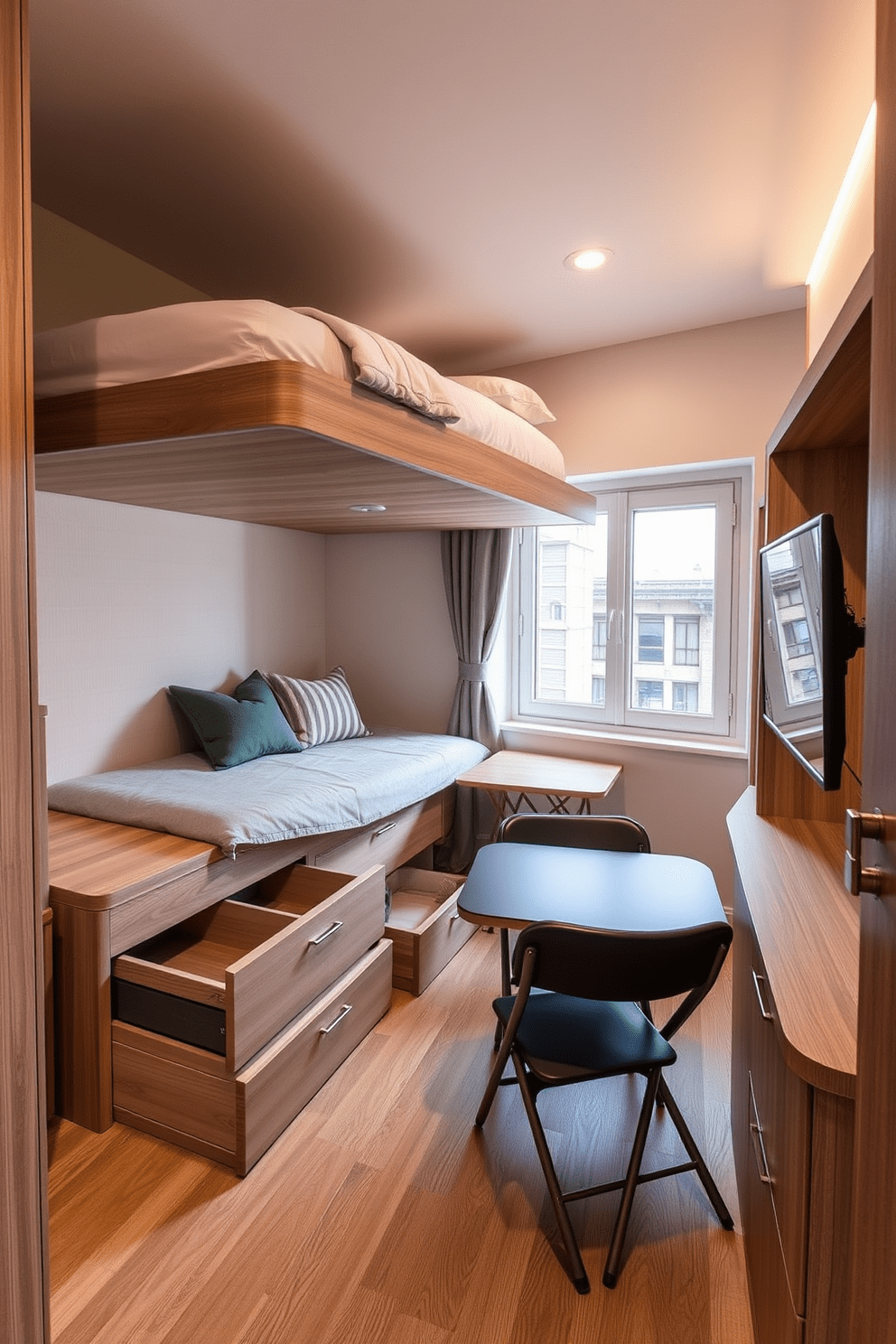 A small studio apartment features a multifunctional layout that maximizes space efficiency. The bed is elevated to create under-bed storage, seamlessly integrating drawers for hidden storage solutions. The living area is designed with a compact sofa that doubles as a bed for guests. A small dining table is placed near the window, with foldable chairs that can be tucked away when not in use.