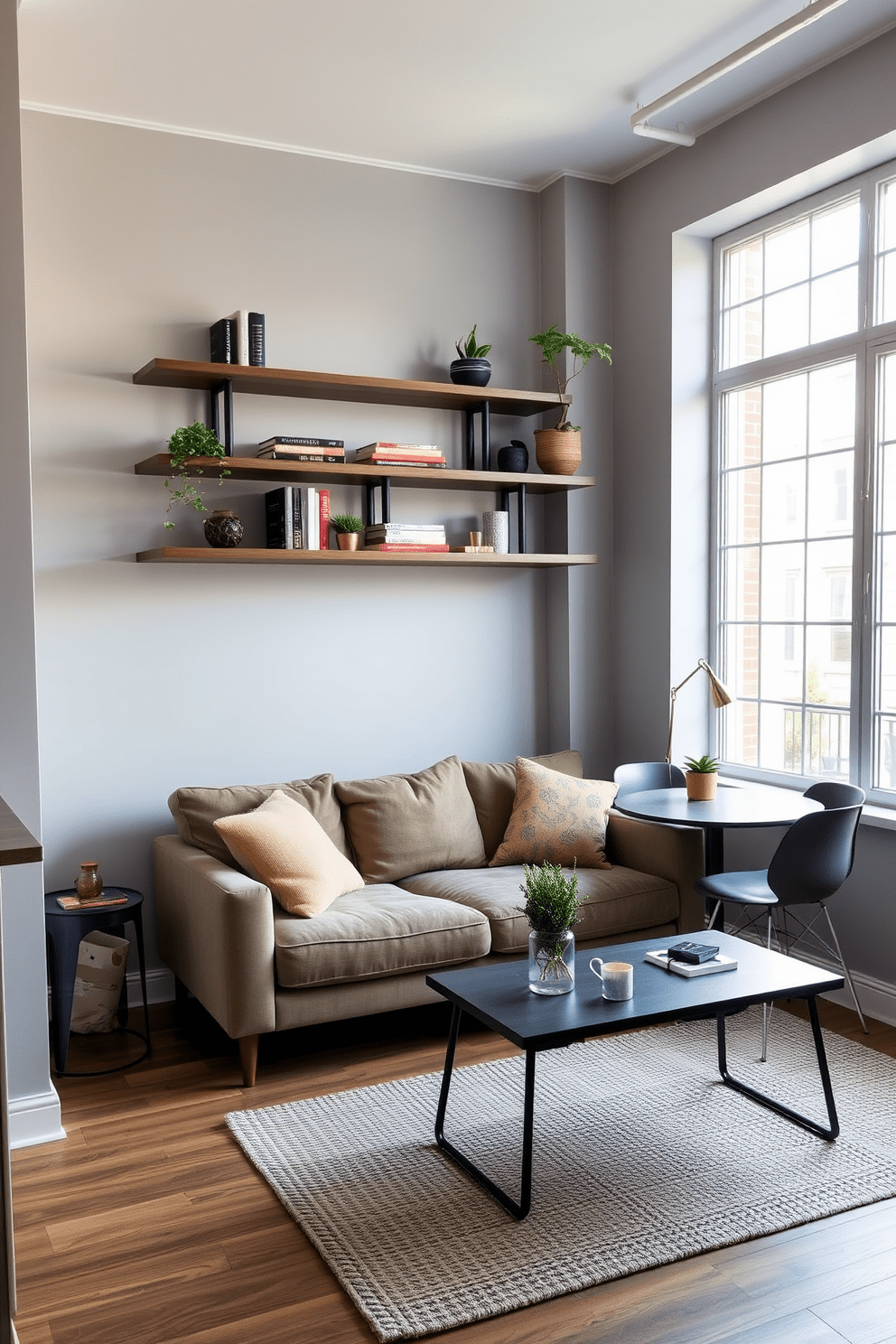 A small studio apartment featuring a cozy living area with a plush sofa and a compact coffee table. The walls are painted in a light gray hue, and large windows allow natural light to flood the space. Floating shelves are installed above the sofa, showcasing decorative books and plants. A small dining table with two chairs is positioned near the kitchen area, creating a functional yet stylish dining nook.