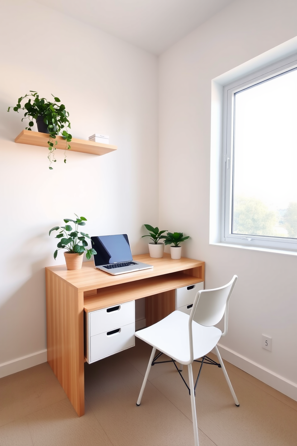 A minimalist desk is positioned near a large window, allowing ample natural light to flood the space. The desk features clean lines and a light wood finish, complemented by a simple white chair. The walls are painted in a soft neutral tone, creating a calming atmosphere. A few potted plants are placed on the desk and shelves, adding a touch of greenery to the small study room.