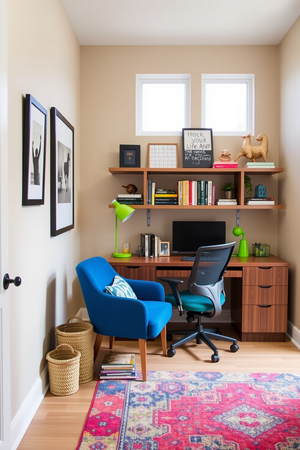 A cozy small study room featuring a neutral palette with pops of color. The walls are painted in a soft beige, complemented by a vibrant blue accent chair and bright green desk accessories. A sleek wooden desk sits against the wall, paired with a stylish ergonomic chair. A colorful rug adds warmth to the space, while shelves filled with books and decorative items bring personality to the room.