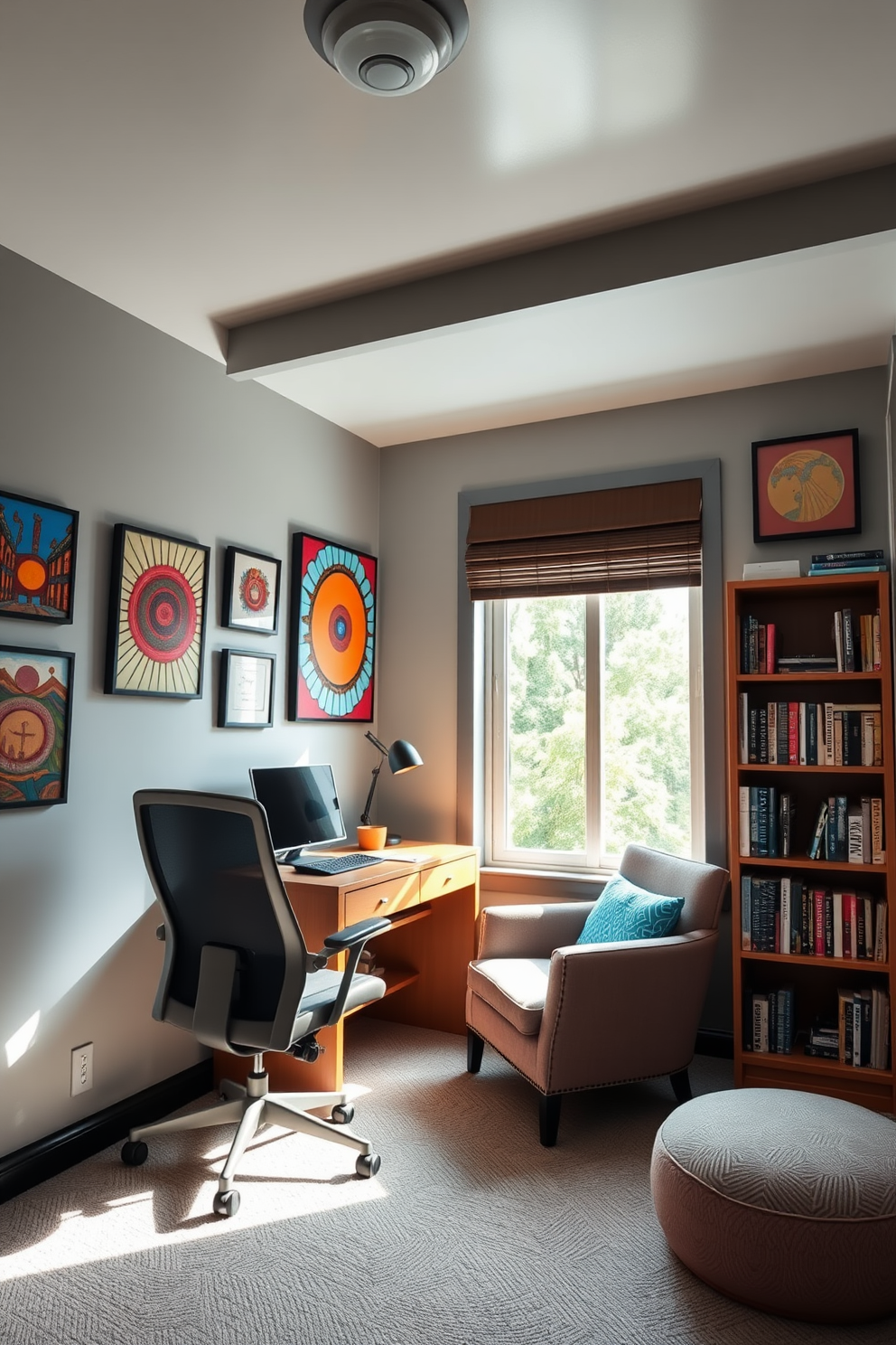 A small study room designed for creativity and motivation. The walls are adorned with personalized artwork that inspires and energizes the space, featuring vibrant colors and unique designs. A sleek wooden desk sits against one wall, complemented by a comfortable ergonomic chair. Natural light streams in through a large window, illuminating a cozy reading nook with a plush armchair and a small bookshelf filled with inspiring titles.