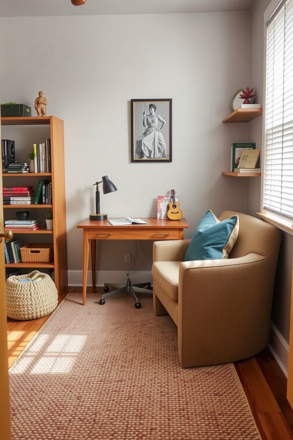 A cozy small study room featuring a textured area rug that adds warmth and comfort to the space. The room is designed with a compact wooden desk and a comfortable chair, complemented by shelves filled with books and decorative items.