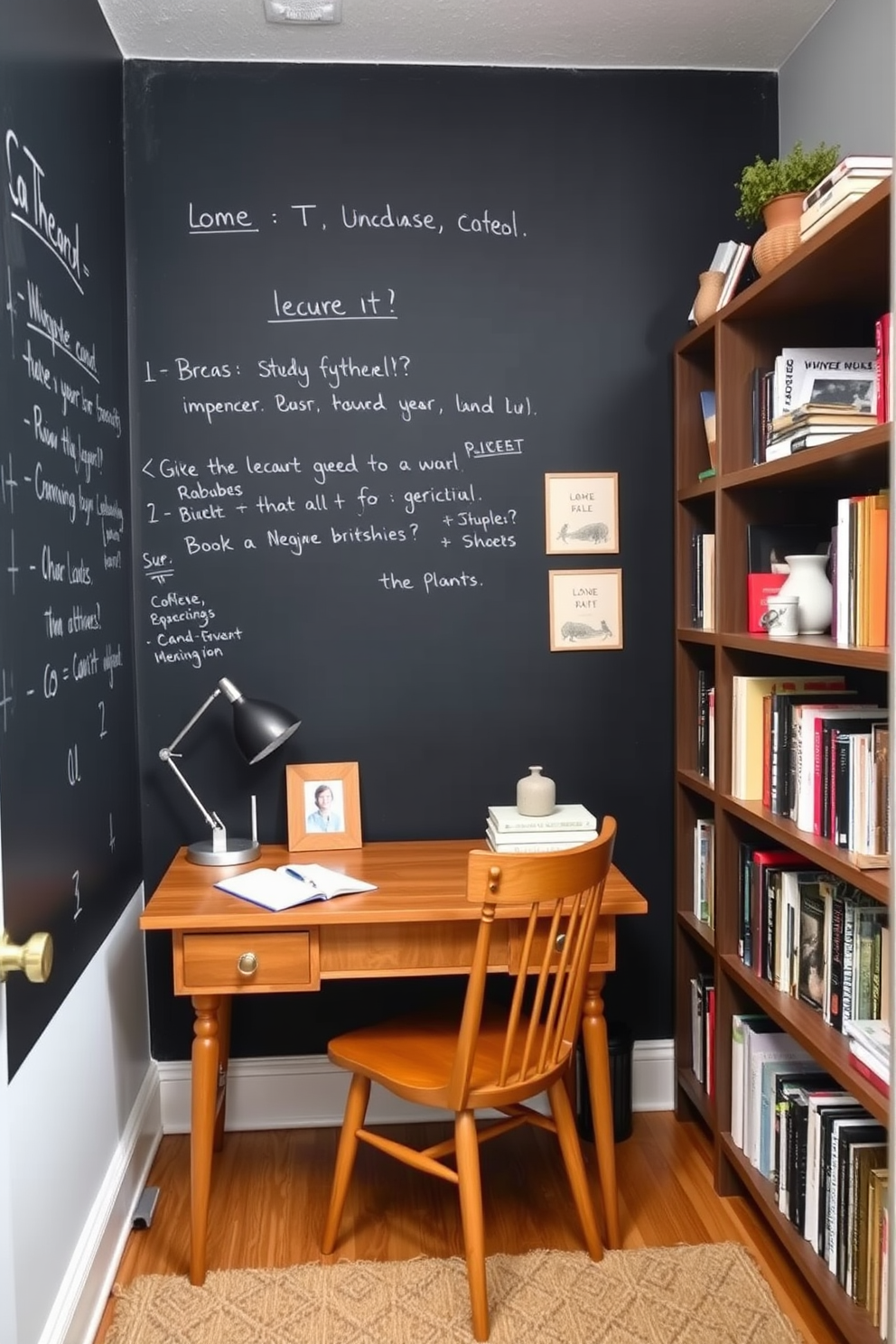 A cozy small study room features a chalkboard wall for notes, providing a creative space for brainstorming and reminders. The room includes a compact wooden desk with a comfortable chair, and shelves filled with books and decorative items line the opposite wall.