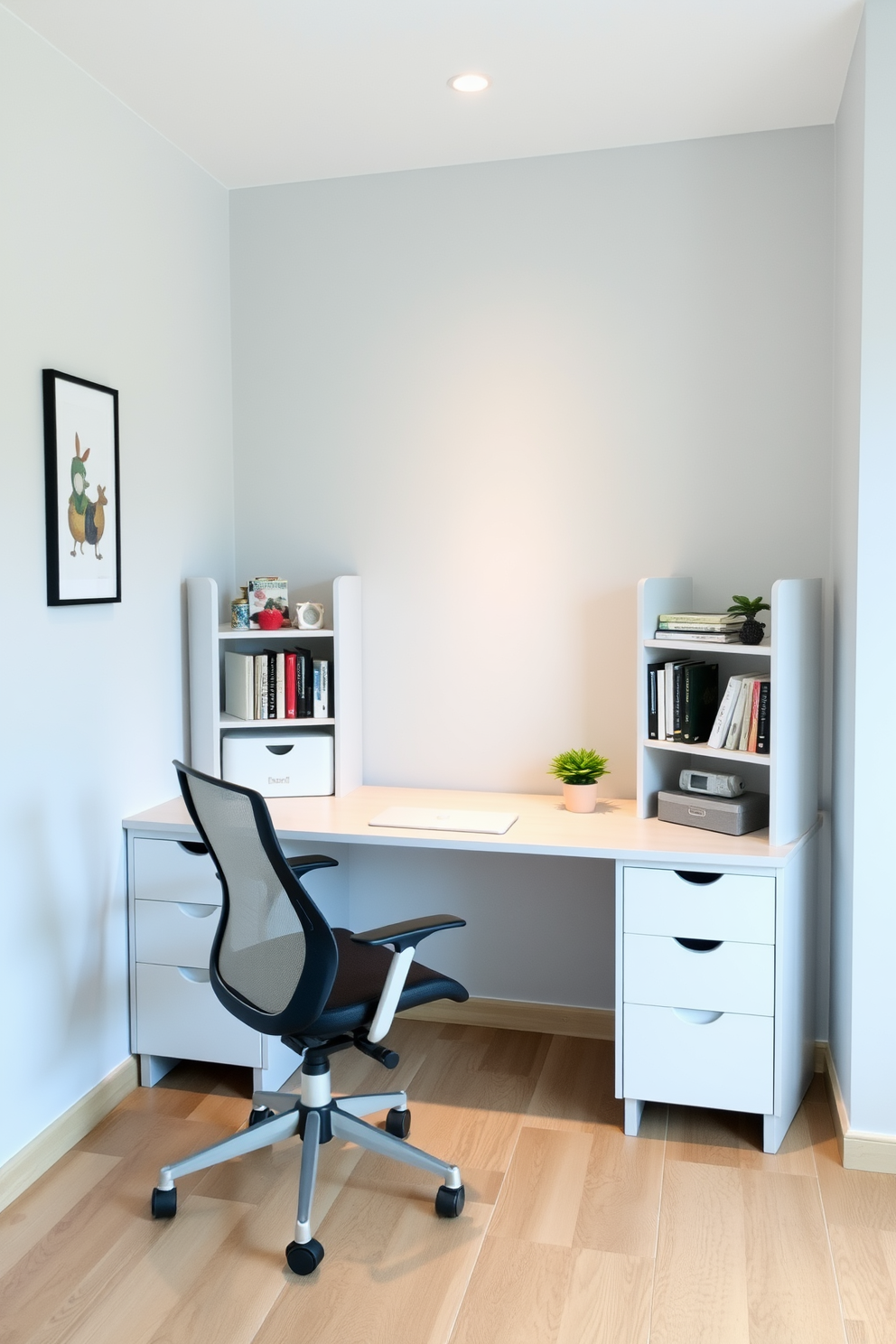 A corner desk is positioned to maximize the use of space in a small study room. The desk features a sleek design with built-in shelves for books and decorative items. The walls are painted in a soft light gray color to create an airy feel. A comfortable ergonomic chair complements the desk, and a small potted plant adds a touch of greenery to the workspace.