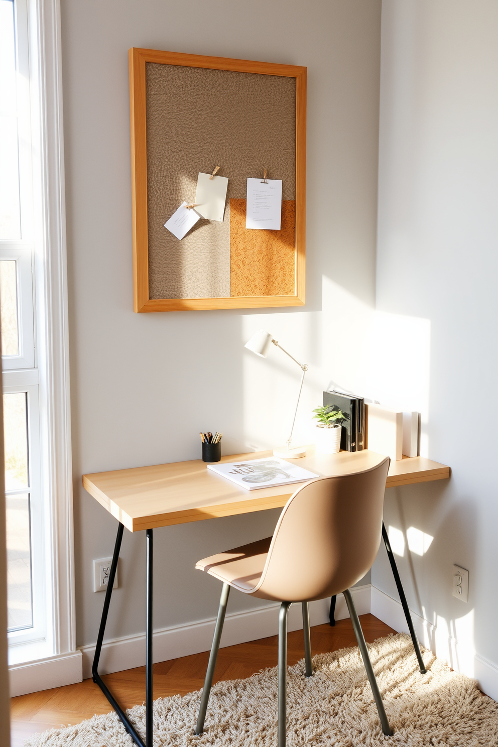 A stylish bulletin board is mounted on the wall, framed in natural wood with a mix of fabric and cork sections for pinning notes and reminders. Below the board, a sleek desk with a minimalist design features a comfortable chair and stylish stationery neatly arranged. The small study room is bathed in soft, natural light from a nearby window, creating an inviting atmosphere. The walls are painted in a calming light gray, and a plush area rug adds warmth to the space.