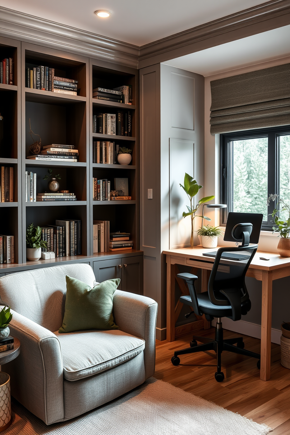 A cozy reading nook features a plush armchair upholstered in soft fabric, positioned next to a large window that lets in natural light. Built-in shelves line the walls, filled with books and decorative items, creating an inviting atmosphere. The small study room is designed with a sleek desk made of light wood, paired with a comfortable ergonomic chair. Soft ambient lighting illuminates the space, while a few potted plants add a touch of greenery and freshness.