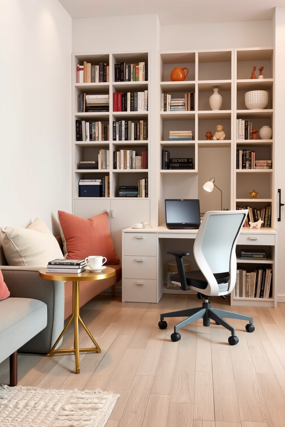 A cozy small sofa is positioned against a wall, adorned with plush cushions in soft pastel colors. A small side table beside the sofa holds a steaming cup of tea and a stack of books for leisurely reading. The study room features a compact desk with a sleek design, paired with an ergonomic chair for comfort. Shelves filled with books and decorative items line the walls, creating an inviting and productive atmosphere.