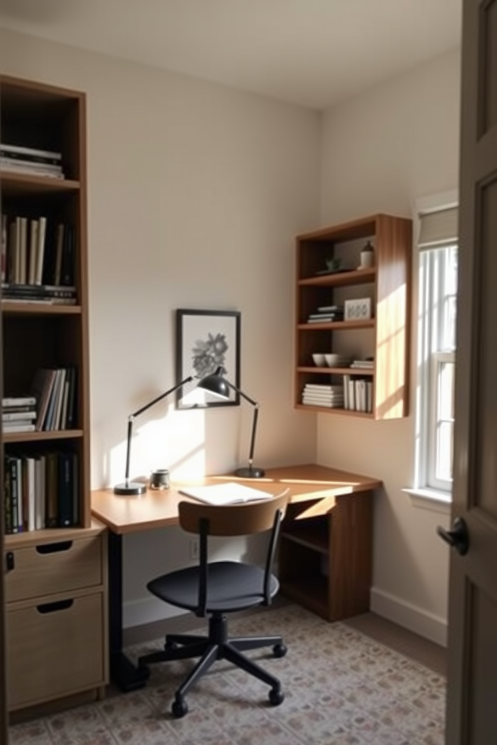 A small study room features adjustable shelving along one wall, allowing for flexible storage solutions. The desk is positioned near a window, providing ample natural light and a cozy atmosphere for productivity.