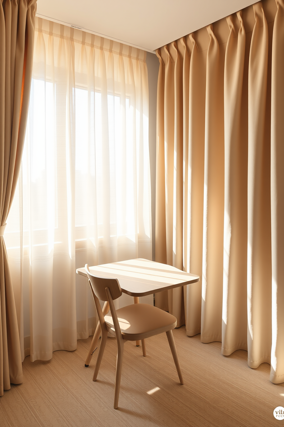 A small study room featuring soft curtains that gently filter natural light, creating a warm and inviting atmosphere. The room is adorned with a compact desk made of light wood, accompanied by a comfortable chair that encourages productivity and relaxation.