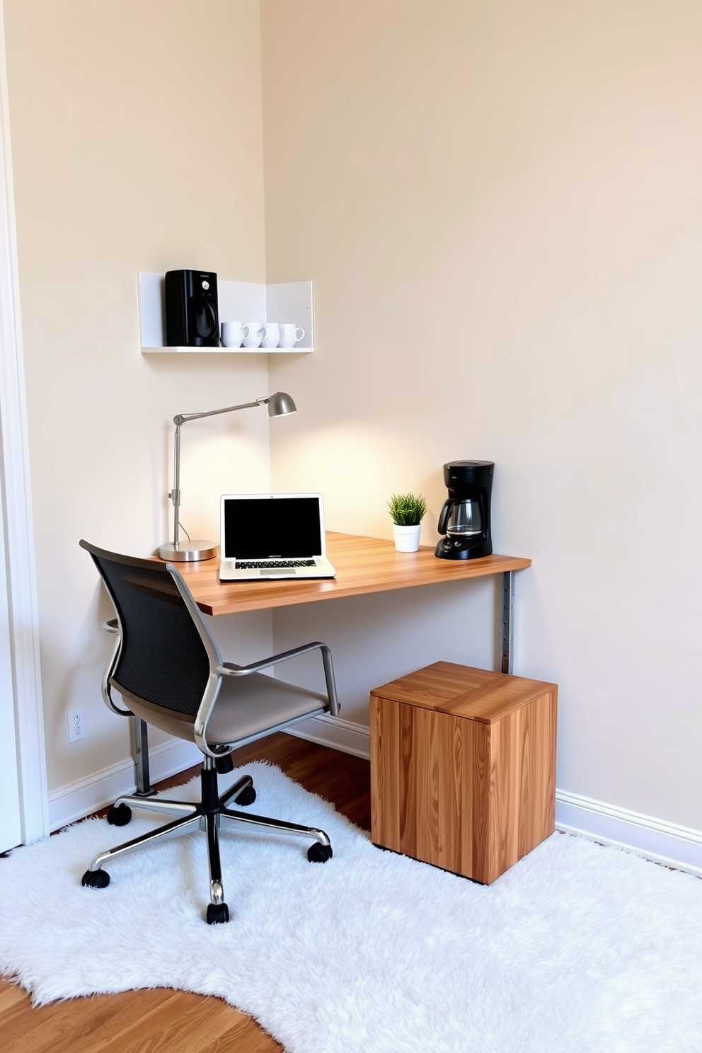 A cozy small study room featuring a compact wooden desk with a sleek metal frame. On the desk, a stylish laptop sits next to a small potted plant, while a comfortable ergonomic chair completes the setup. In one corner, a small coffee station is set up on a minimalist shelf, equipped with a coffee maker and a few neatly arranged mugs. The walls are painted in a soft beige tone, and a plush rug lies beneath the desk, adding warmth to the space.