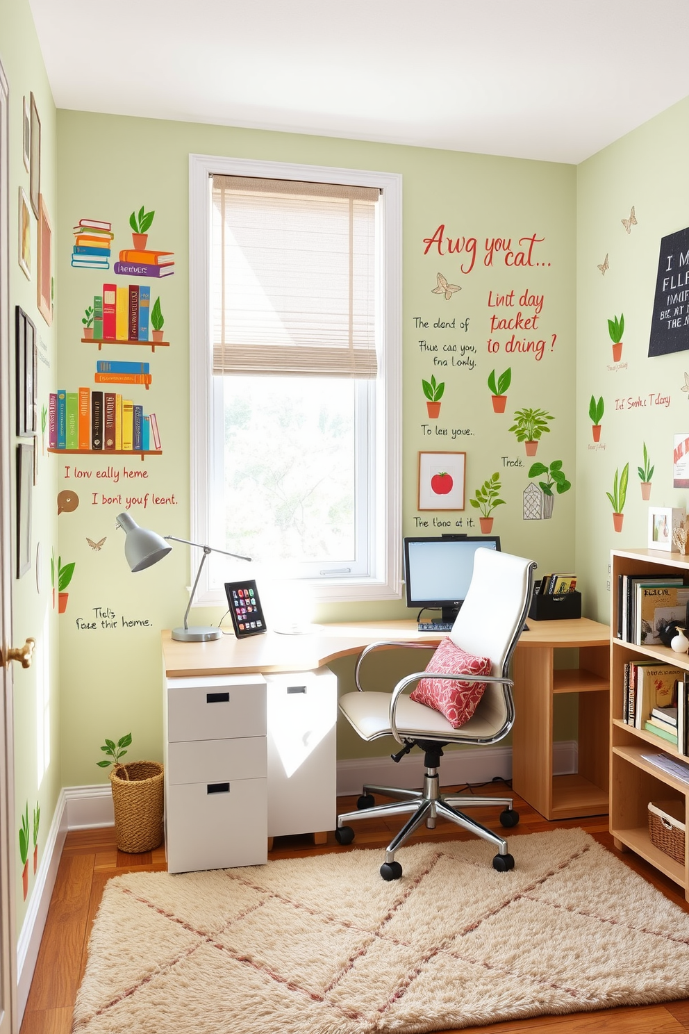 A small study room designed with creative wall decals that reflect personal interests and style. The walls are adorned with vibrant decals of books, plants, and inspirational quotes, creating an inviting atmosphere for productivity. The furniture includes a sleek desk with a comfortable chair, positioned to maximize natural light from a nearby window. A cozy rug underfoot adds warmth, while shelves filled with books and decorative items complete the space.