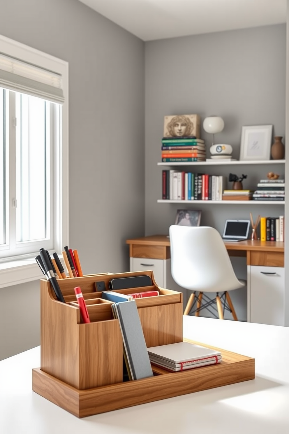 A sleek desk organizer made of natural wood sits on a minimalist white desk. The organizer features compartments for pens, notebooks, and other essentials, creating a tidy and efficient workspace. The small study room is designed with soft gray walls and a cozy reading nook by the window. A compact desk with a stylish chair faces a wall-mounted bookshelf filled with colorful books and decorative items, enhancing the inviting atmosphere.