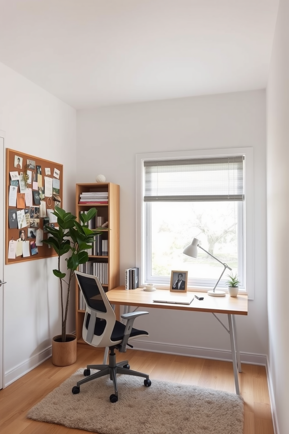 Inspiration board for project ideas. A small study room designed with a minimalist approach featuring a sleek wooden desk and a comfortable ergonomic chair. The walls are painted in a soft white hue, complemented by a large pinboard filled with colorful notes and images. A stylish bookshelf filled with neatly arranged books and decorative items sits against one wall, while a potted plant adds a touch of greenery to the space. Small Study Room Design Ideas. A cozy study nook with a large window that allows natural light to flood the room, enhancing productivity. The desk is adorned with a modern lamp and essential stationery, while a plush rug underfoot creates warmth and comfort.