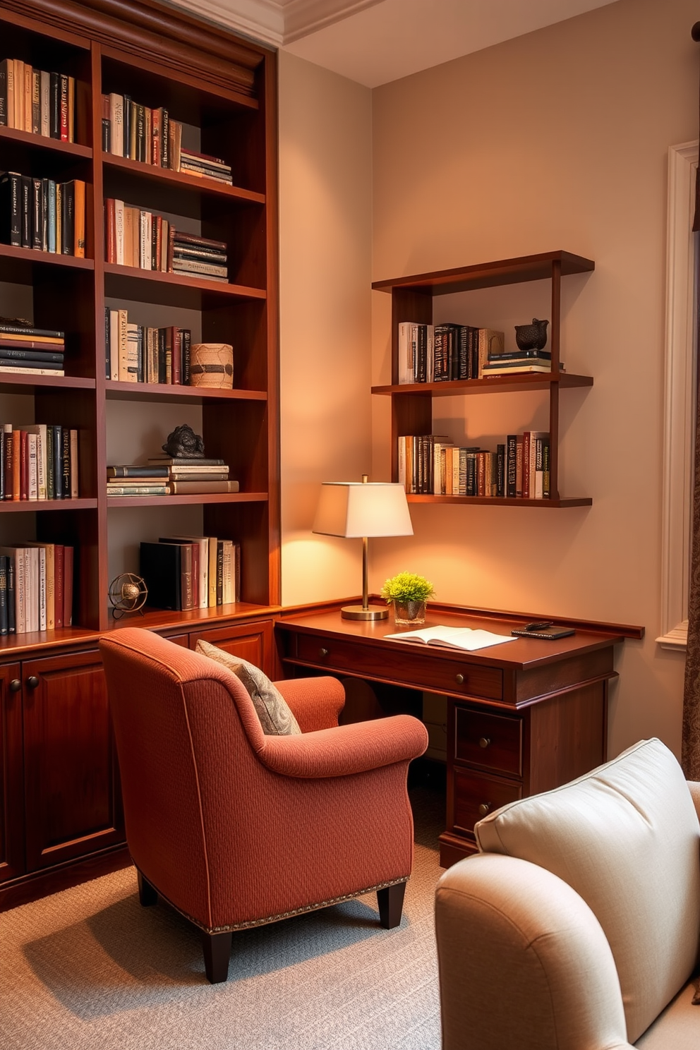 A cozy small study room filled with warm colors. The walls are painted in a soft beige, complemented by wooden shelving that displays books and decorative items. A comfortable desk made of rich mahogany sits against the wall, paired with a plush armchair upholstered in a warm fabric. Soft lighting from a stylish desk lamp creates an inviting atmosphere, while a small potted plant adds a touch of greenery to the space.