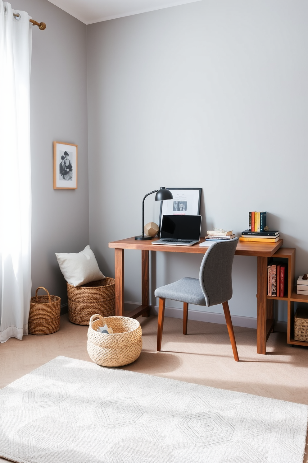 A small study room featuring a sleek desk made of reclaimed wood positioned against a light gray wall. In the corner, a stylish basket holds extra supplies, while a cozy chair with a soft cushion invites hours of reading and work. Natural light streams in through a nearby window adorned with sheer white curtains. A bookshelf filled with colorful books and decorative items adds personality to the space, while a simple rug anchors the room's design.