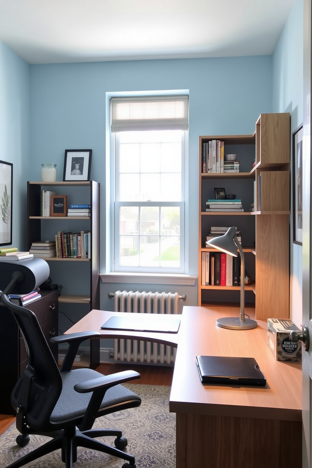 A small study room designed for productivity features functional task lighting that illuminates the workspace effectively. A sleek desk is positioned near a window, with an ergonomic chair and shelves filled with books and decorative items for inspiration. The walls are painted in a calming light blue hue to enhance focus and creativity. A stylish desk lamp with adjustable brightness sits on the desk, providing ample light for reading and writing tasks.