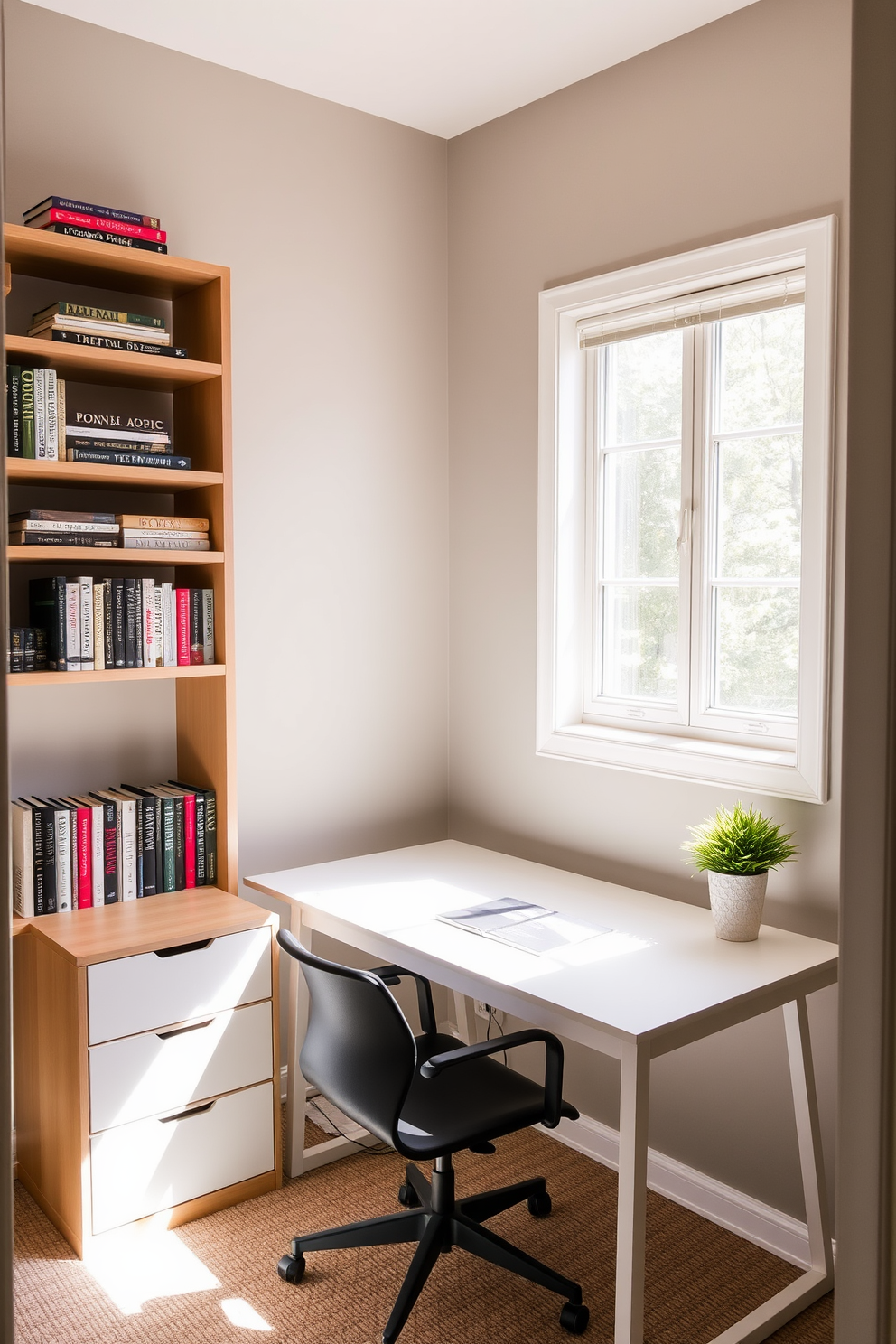 A cozy small study room featuring floating shelves on one wall. The shelves are filled with neatly arranged books and decorative items, creating an organized yet inviting atmosphere. A sleek desk is positioned under a window, allowing natural light to illuminate the workspace. A comfortable chair complements the desk, and a small potted plant adds a touch of greenery to the room.