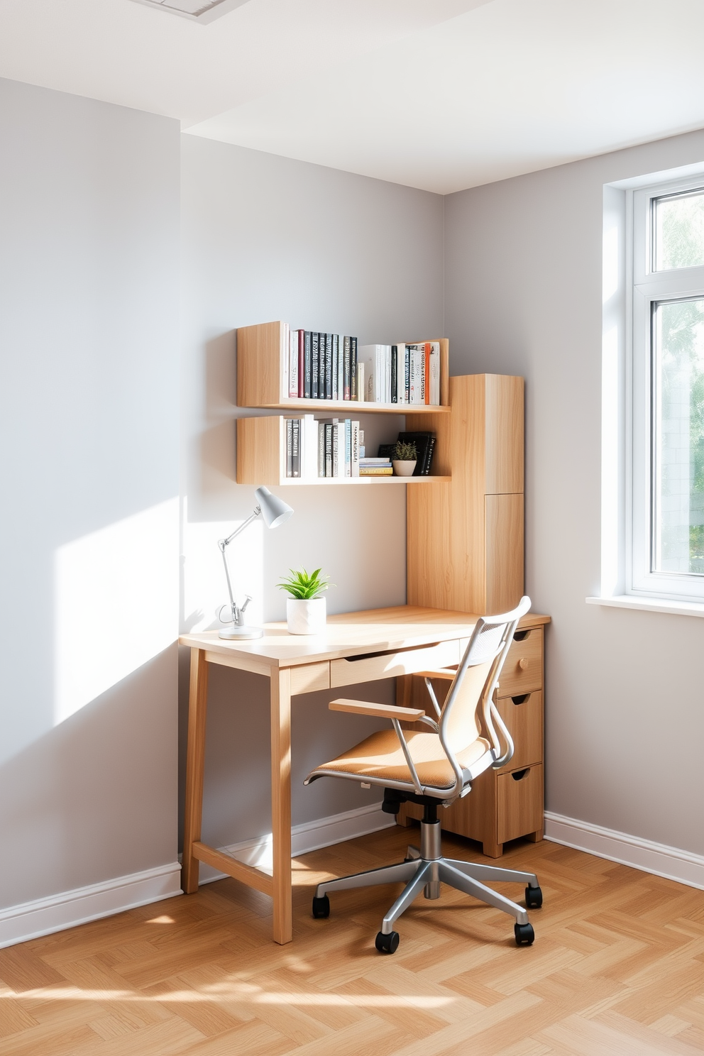 A compact desk made of light wood sits against the wall, paired with an ergonomic chair that offers both comfort and style. The walls are painted in a soft gray, and a small bookshelf filled with neatly arranged books adds a touch of personality to the space. Natural light floods the room through a large window, enhancing the cozy atmosphere. A potted plant on the desk brings a hint of greenery, while a minimalist desk lamp provides focused lighting for late-night study sessions.