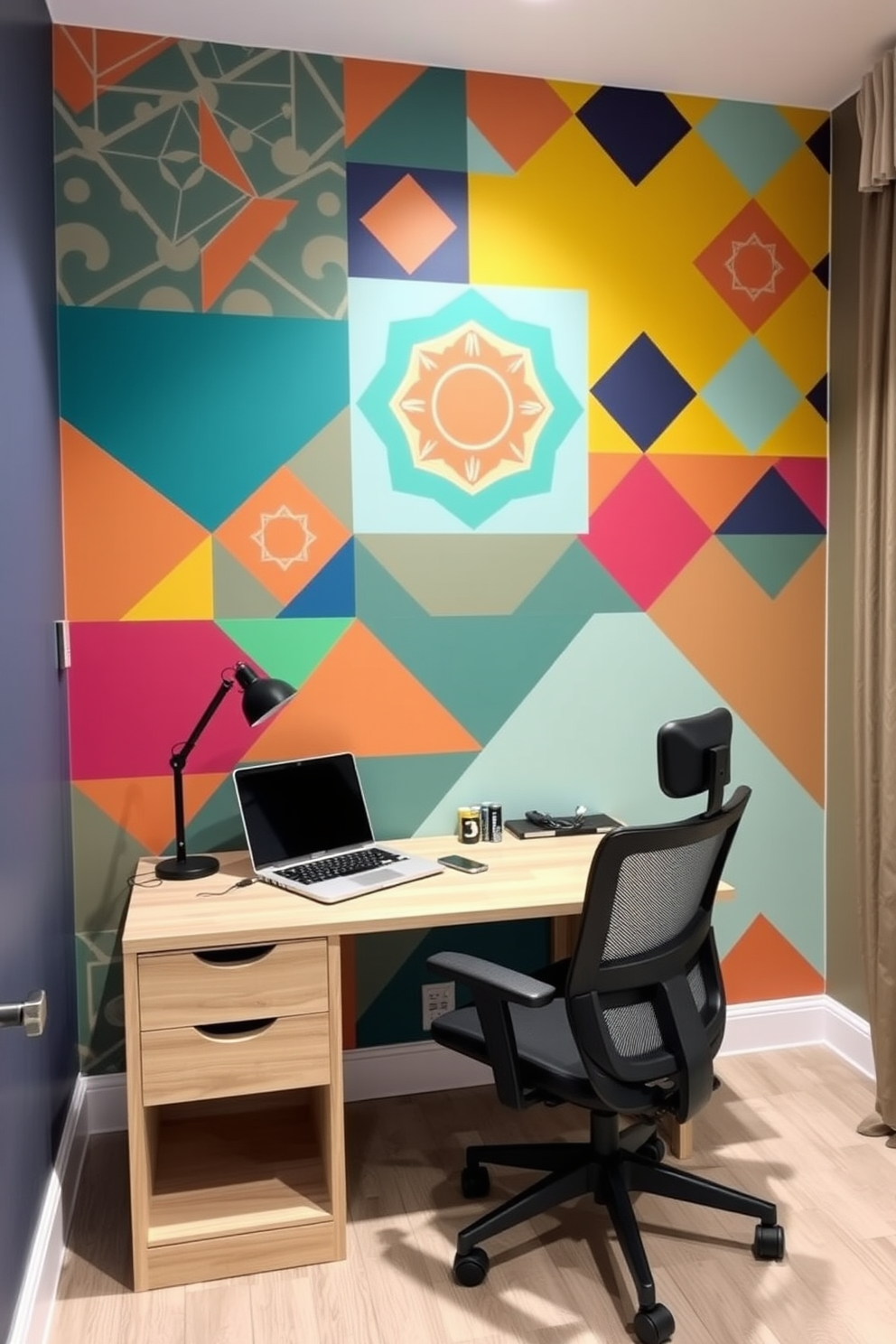 A small study room with a colorful accent wall that features geometric patterns in vibrant hues. The desk is made of light wood and is paired with a comfortable ergonomic chair, creating a cozy and inviting workspace.