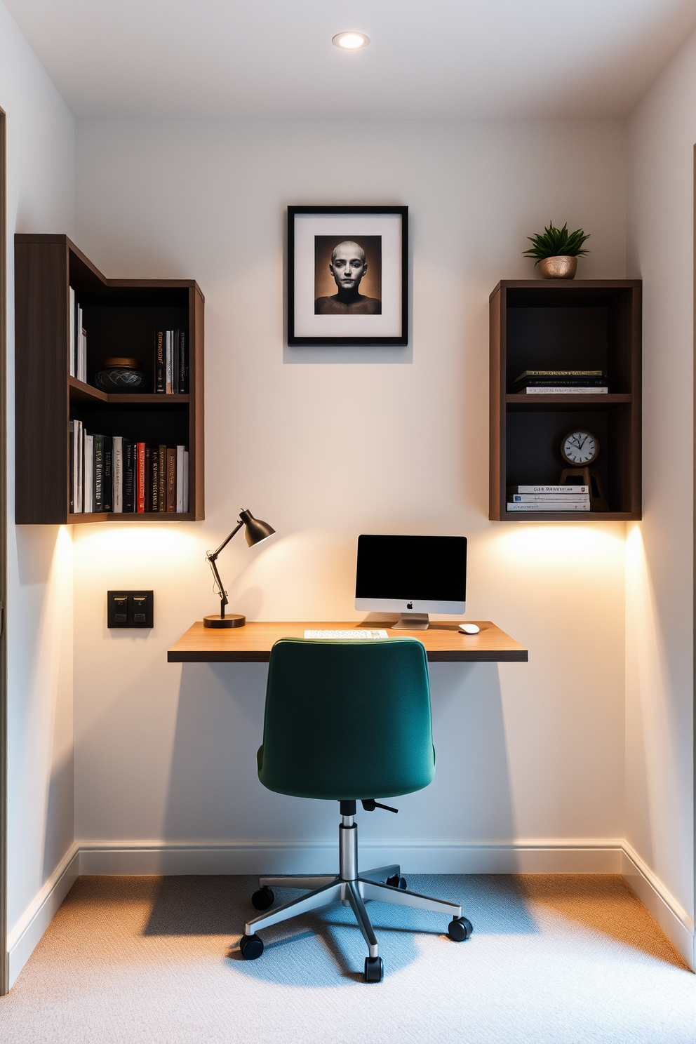 A compact study room features a sleek wall-mounted desk that maximizes floor space. The desk is paired with a comfortable chair and surrounded by floating shelves filled with books and decorative items. Soft ambient lighting illuminates the room, creating a cozy atmosphere for productivity. The walls are painted in a light neutral color, enhancing the sense of openness and tranquility.