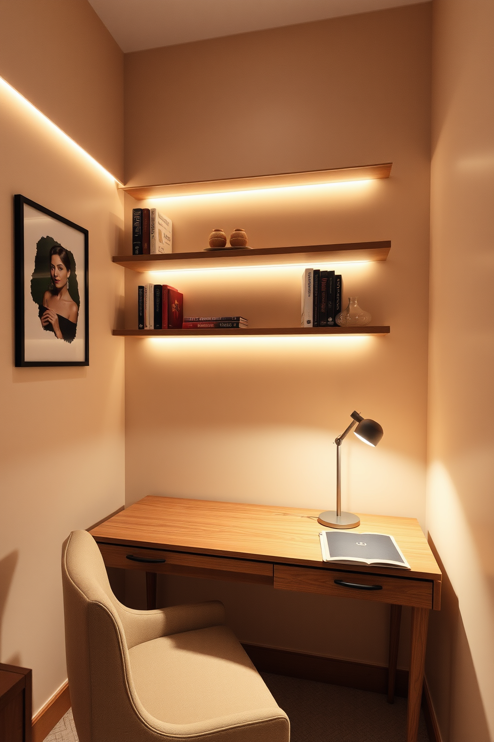 A cozy small study room featuring layered lighting that creates a warm ambiance. The room includes a sleek wooden desk positioned against a soft beige wall, with a stylish desk lamp providing focused light. A comfortable chair is placed beside the desk, upholstered in a soft fabric that complements the room's color palette. Wall-mounted shelves display books and decorative items, illuminated by subtle LED strip lights for an inviting glow.