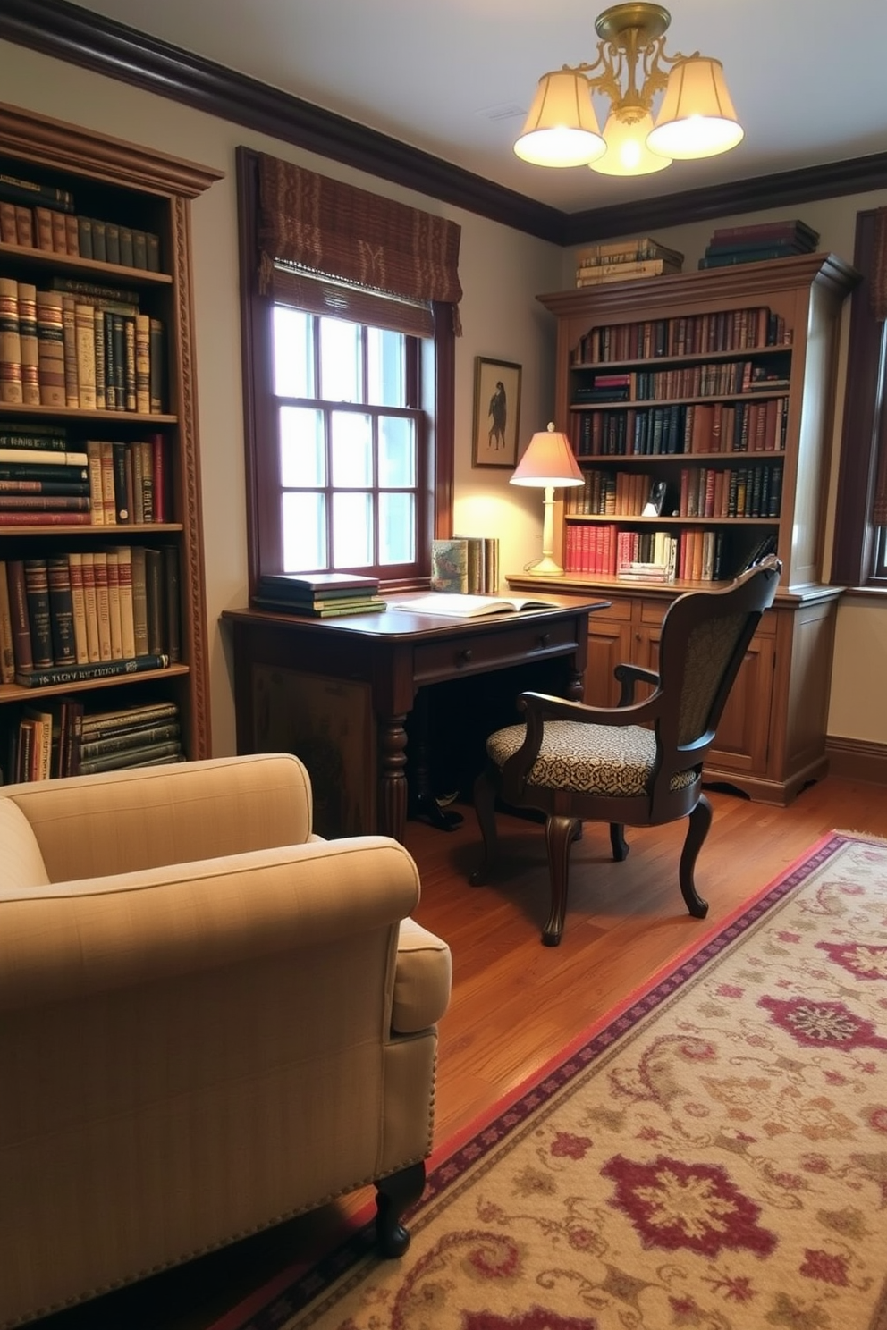 A cozy study room featuring vintage furniture that adds character and charm. The room includes a rustic wooden desk paired with an ornate armchair and a bookshelf filled with classic literature. Soft, warm lighting illuminates the space, creating an inviting atmosphere for reading and writing. A patterned rug lies underfoot, complementing the vintage aesthetic while providing comfort.