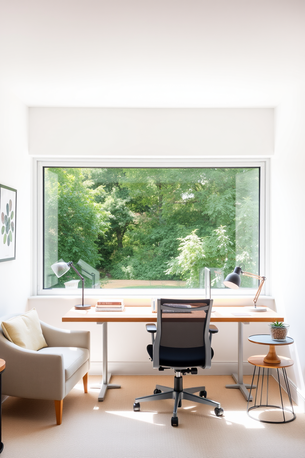 A small study room with a large window that allows natural light to flood the space. The walls are painted in a soft white color, and a sleek wooden desk is positioned against the window, complemented by a comfortable ergonomic chair. On the desk, a stylish desk lamp and a few neatly arranged books create an inviting atmosphere. A cozy reading nook is set up in one corner with a plush armchair and a small side table, perfect for enjoying a cup of coffee.