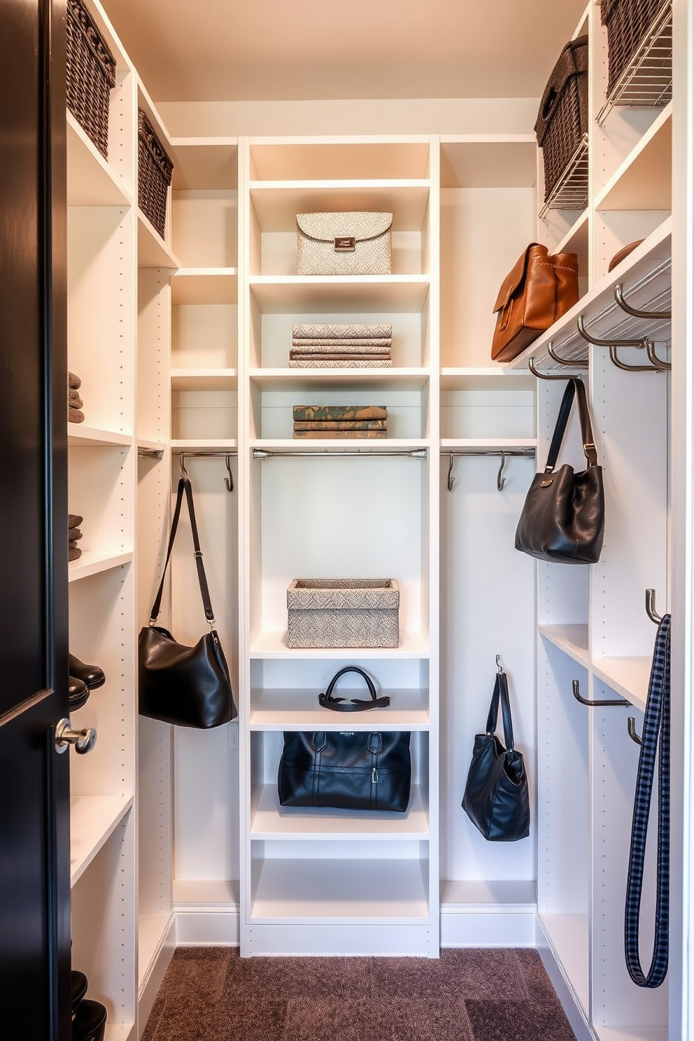 A stylish small walk-in closet features custom shelving and hanging space optimized for organization. Hooks are installed on the side walls for bags and accessories, providing easy access and a chic display.