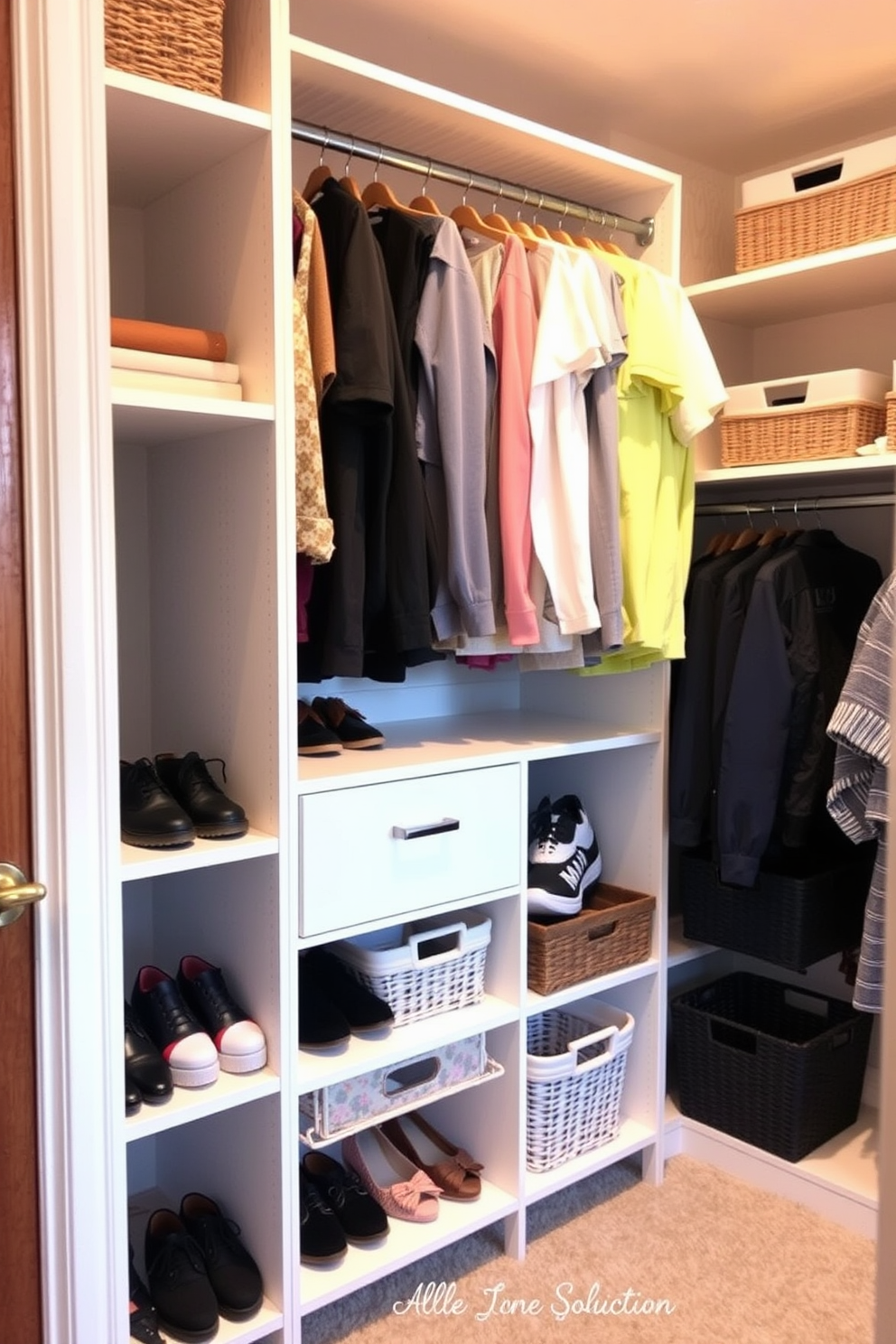 A small walk-in closet features adjustable shelving that allows for flexible storage solutions. The design includes a combination of hanging rods for clothing, cubbies for shoes, and baskets for accessories, all arranged to maximize space efficiency.