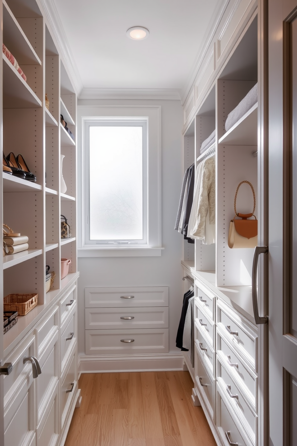 A small walk-in closet featuring light-colored walls and shelving to enhance the sense of space. Soft natural light filters in through a frosted glass window, illuminating the neatly organized accessories and clothing. The flooring is a light wood that adds warmth and complements the airy atmosphere. Elegant storage solutions include built-in drawers and hanging rods, maximizing functionality while maintaining a clean aesthetic.