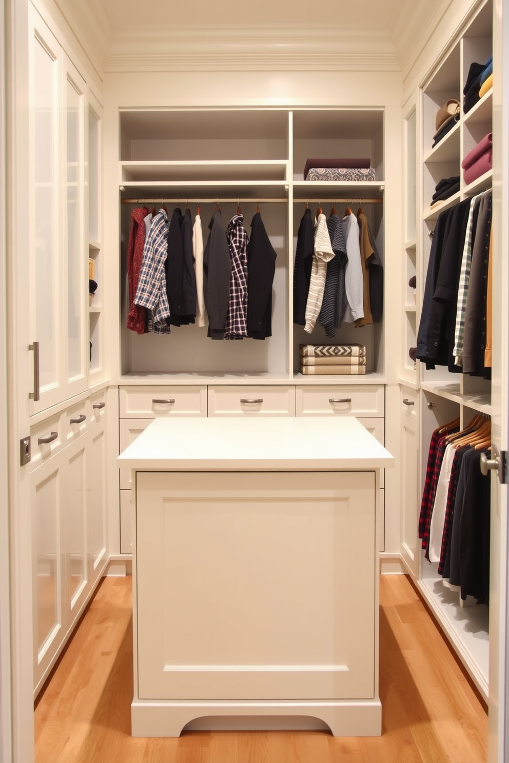 A small walk-in closet features a central island designed for folding clothes, surrounded by custom cabinetry that maximizes storage. The walls are painted in a soft neutral tone, and the flooring is a light hardwood, creating an inviting and organized atmosphere.