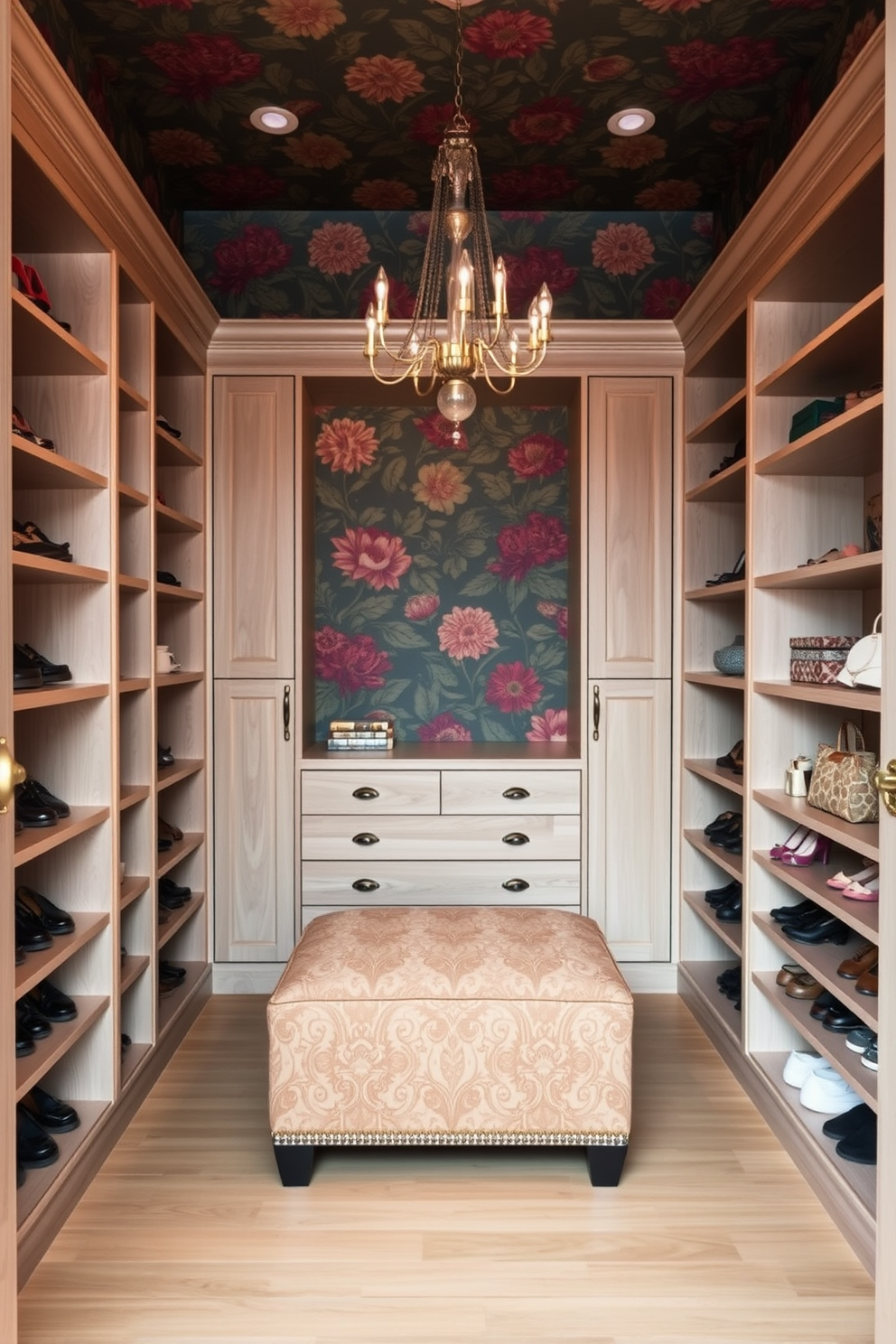 Create a focal point with wallpaper that features a bold floral pattern in rich colors to enhance the visual interest of the small walk-in closet. The walls should be lined with custom shelving in a light wood finish, providing ample storage for shoes and accessories. Incorporate a chic ottoman in the center for seating, upholstered in a complementary fabric that ties the color scheme together. Utilize soft, ambient lighting from a stylish chandelier to create a warm and inviting atmosphere.