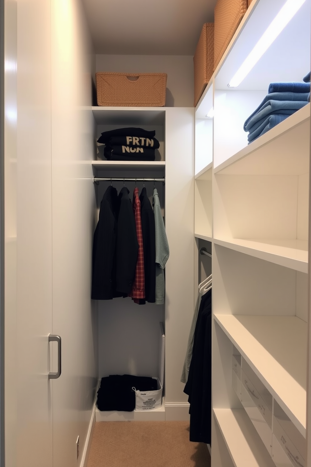 A small walk-in closet featuring custom shelving and hanging space for clothing. Soft lighting strips illuminate the interior, creating a bright and inviting atmosphere.