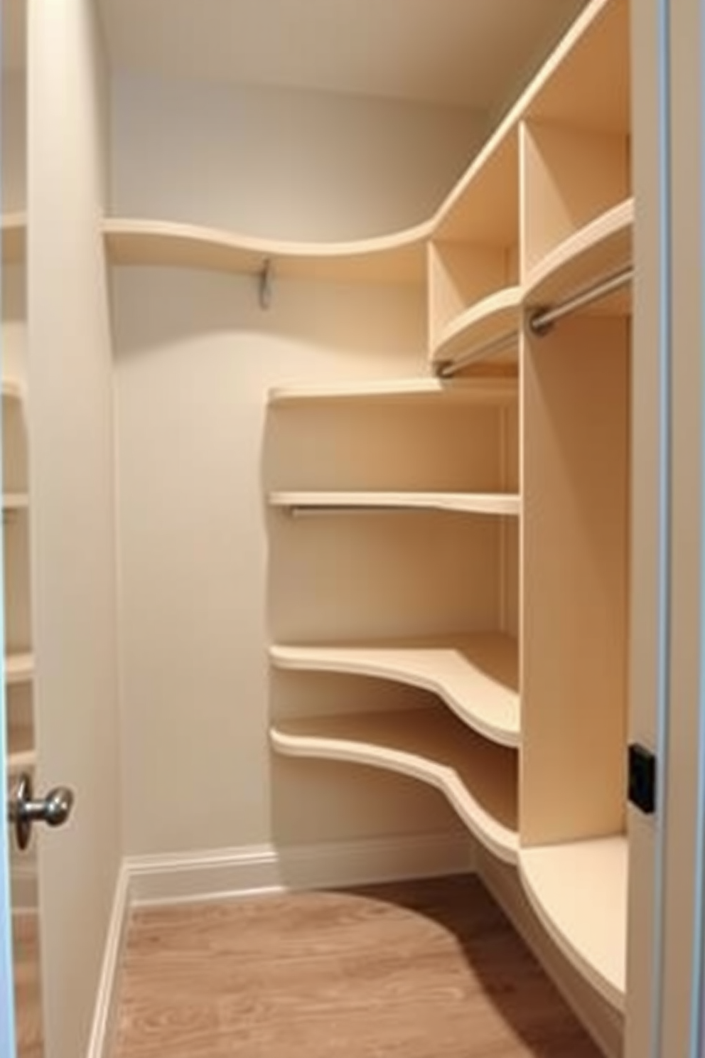 A cozy small walk-in closet featuring rounded shelves that maximize corner space. The walls are painted a soft beige, and the flooring is a light wood, creating an inviting atmosphere.