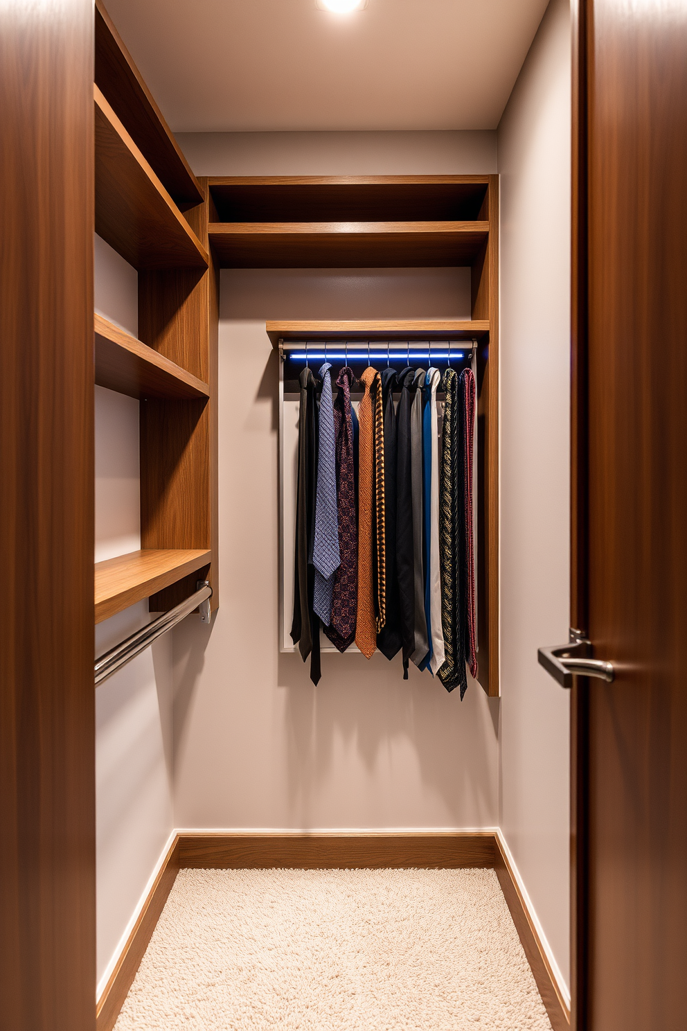 A small walk-in closet features a sleek tie and belt organizer mounted on the wall, providing an elegant and functional solution for accessories. The space is illuminated by soft LED lighting, enhancing the warm wood tones of the shelves and the plush carpeting underfoot.