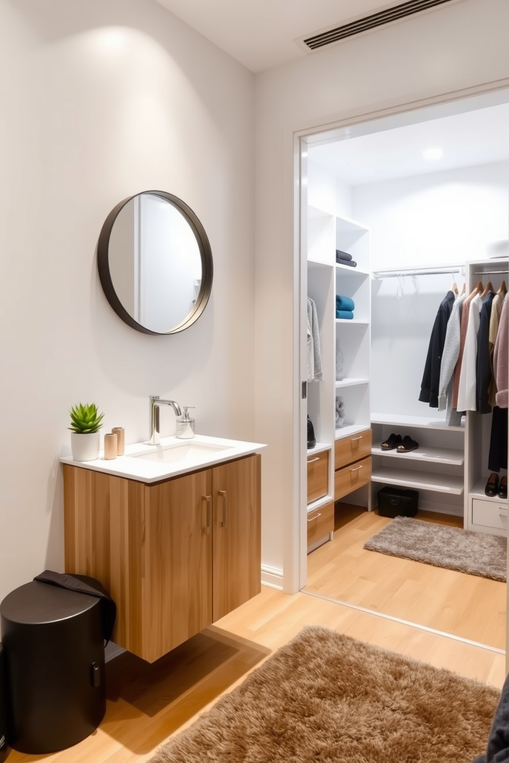 A small vanity is installed against the wall with a round mirror above it. The vanity features a sleek design with a light wood finish and a white countertop, complemented by a decorative potted plant on one side. The walk-in closet is designed with built-in shelving and hanging space for clothes. Soft lighting illuminates the space, while a plush area rug adds warmth and comfort underfoot.