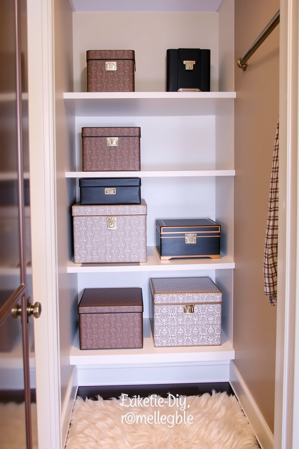 A small walk-in closet features elegant decorative boxes arranged on shelves for hidden storage. The walls are painted in a soft beige, and a plush area rug adds warmth to the space.