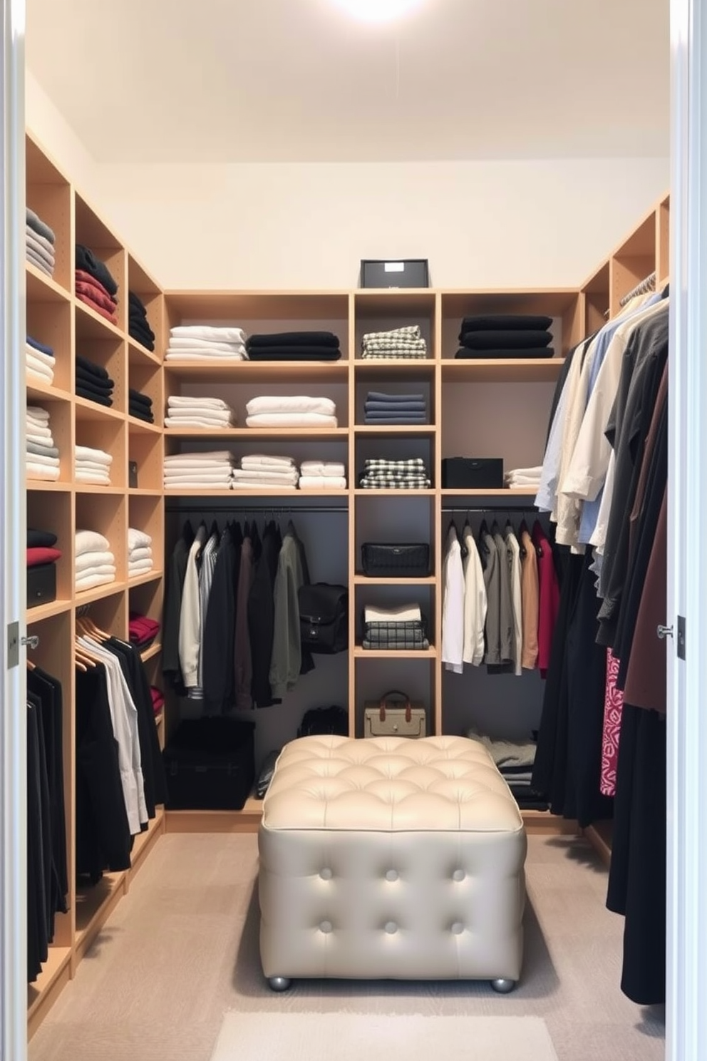 A small walk-in closet features open shelving for easy access storage, creating an organized and airy feel. The shelves are lined with neatly folded clothes, while a stylish ottoman sits in the center for added functionality.