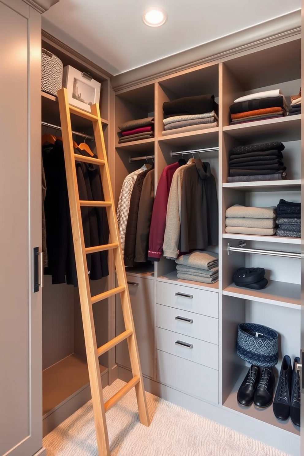 A stylish small walk-in closet features a sleek design with built-in shelving and hanging rods for optimal organization. A wooden ladder is placed against the wall, providing easy access to high shelves filled with neatly folded sweaters and seasonal accessories.