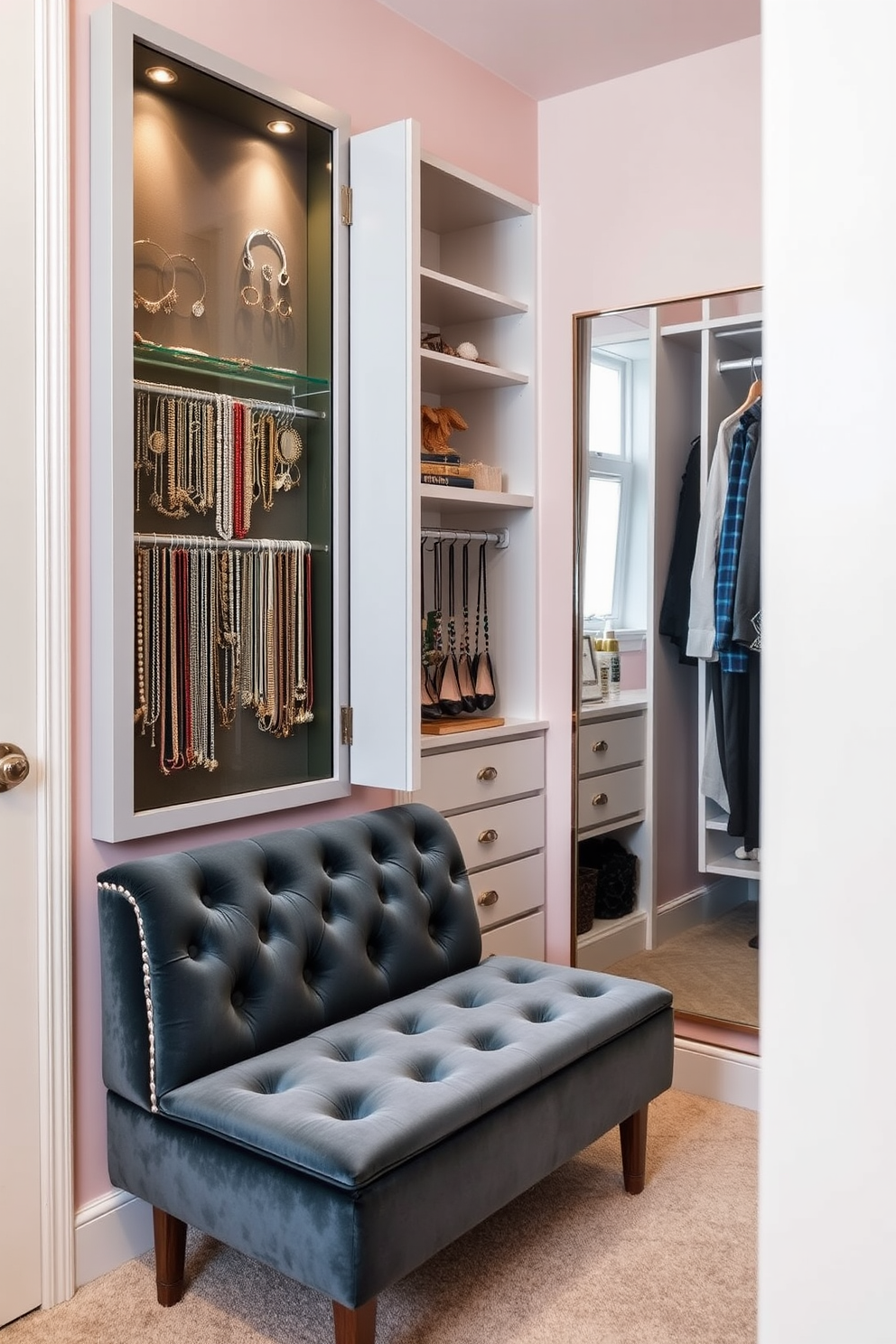 Design a small nook for jewelry display. The nook features a wall-mounted display case with glass doors showcasing an array of necklaces, bracelets, and earrings. Soft lighting highlights the jewelry while a plush velvet bench offers a comfortable seating area. The walls are painted in a soft pastel hue, creating a serene and inviting atmosphere. Small walk-in closet design ideas. The closet includes custom shelving and hanging space, maximizing storage while maintaining an organized look. A full-length mirror is positioned to reflect natural light, and a chic ottoman provides a stylish touch and extra seating.