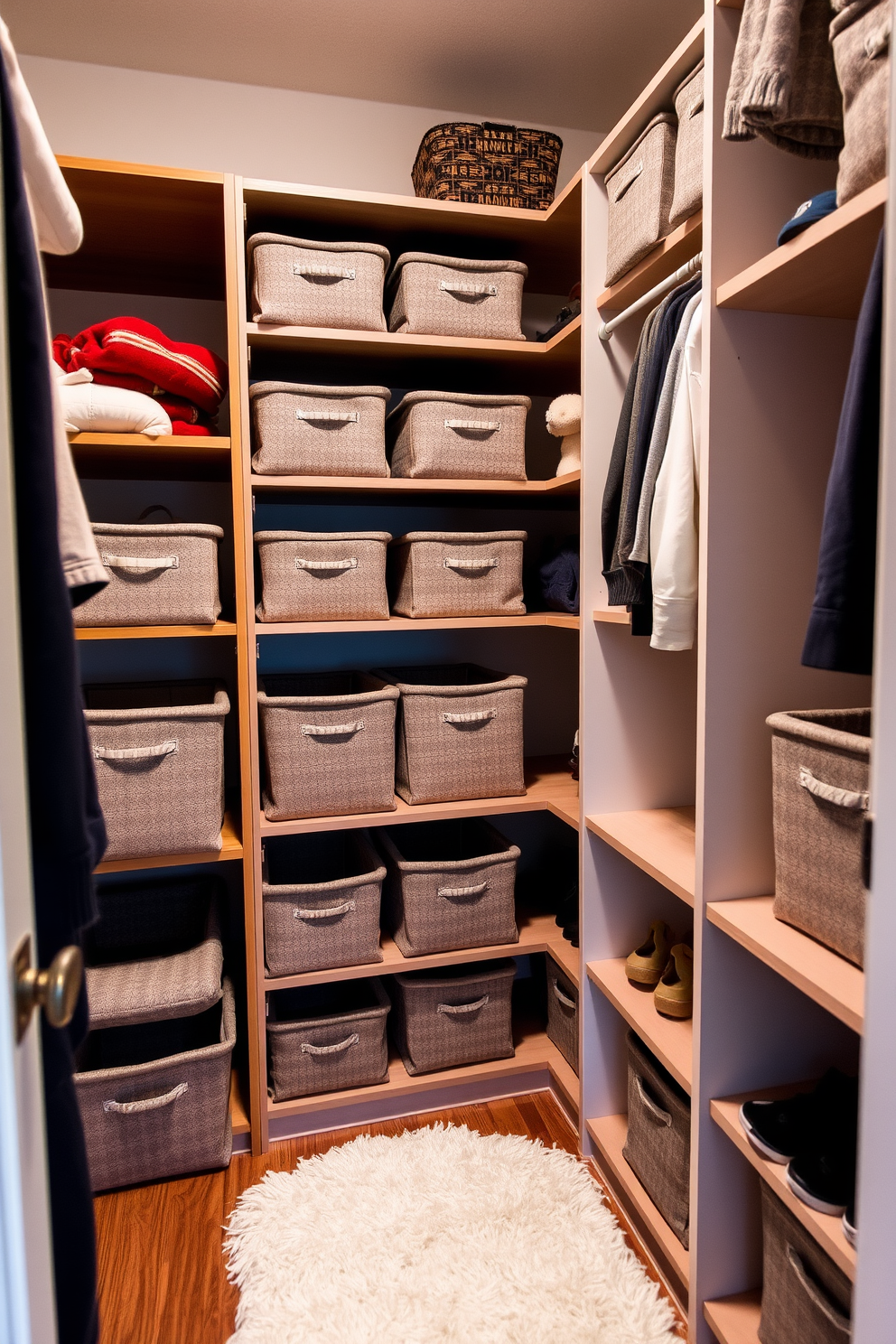 A cozy small walk-in closet featuring soft fabric bins arranged neatly on the shelves. The walls are painted a light neutral color, and a plush area rug adds warmth to the space.