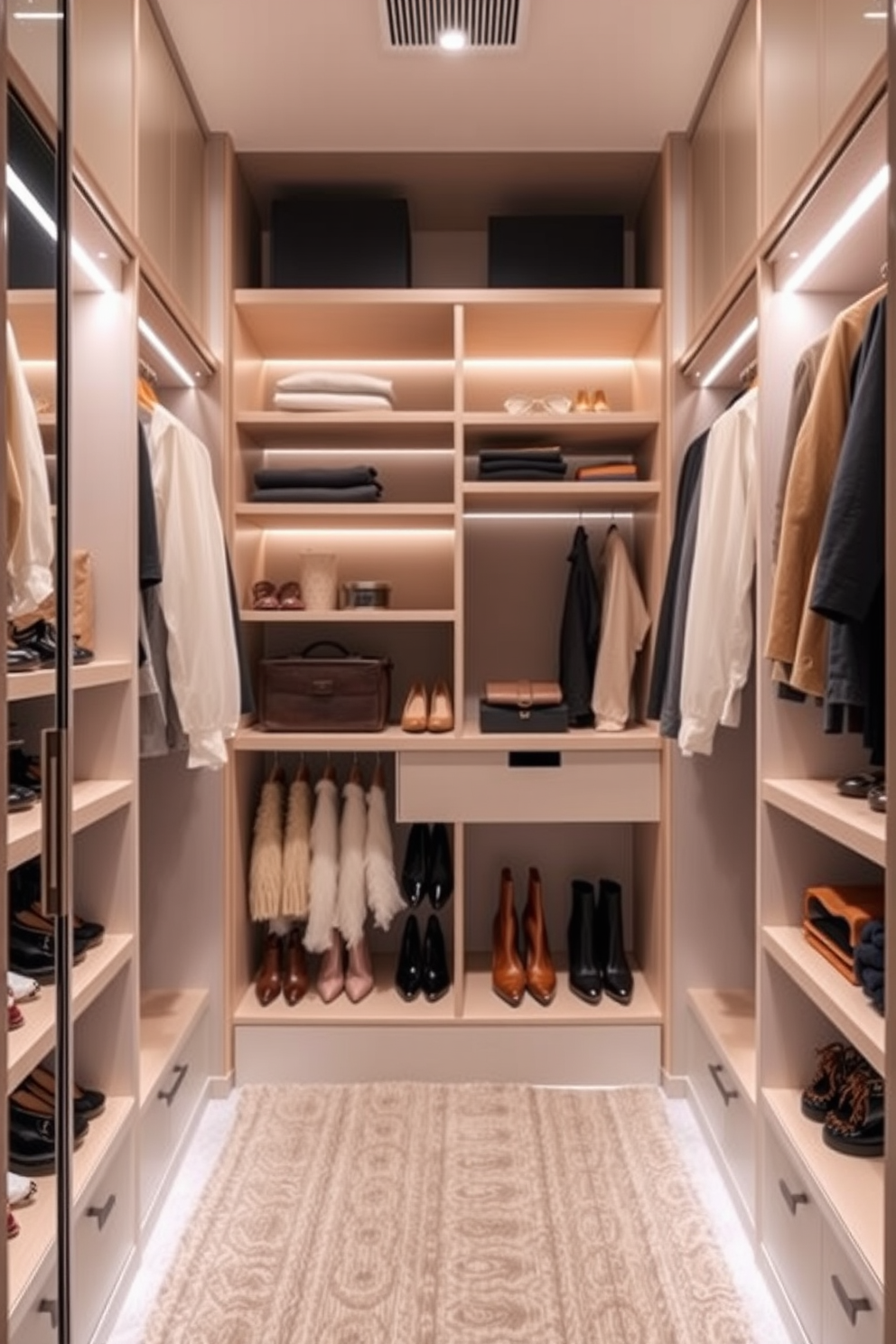 Create a small walk-in closet that features a seasonal rotation system for optimal organization. Include built-in shelving for shoes and accessories with a dedicated section for seasonal clothing to enhance functionality. Incorporate soft LED lighting to illuminate the space and a full-length mirror to create an inviting atmosphere. Use a neutral color palette with wooden accents to add warmth and sophistication to the design.