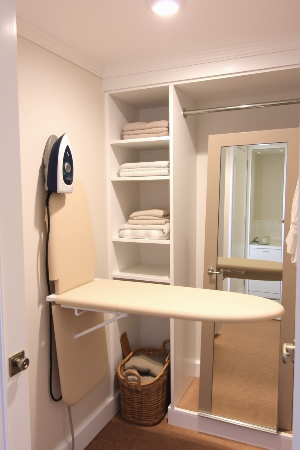 A compact ironing board setup features a foldable ironing board mounted on the wall, allowing for easy access and space-saving convenience. The area is well-lit with a small overhead light, and a basket for storing linens is placed nearby for added functionality. For small walk-in-closet design ideas, consider incorporating built-in shelving and hanging rods to maximize storage efficiency. A full-length mirror can be added to create the illusion of more space, while soft lighting enhances the overall ambiance.