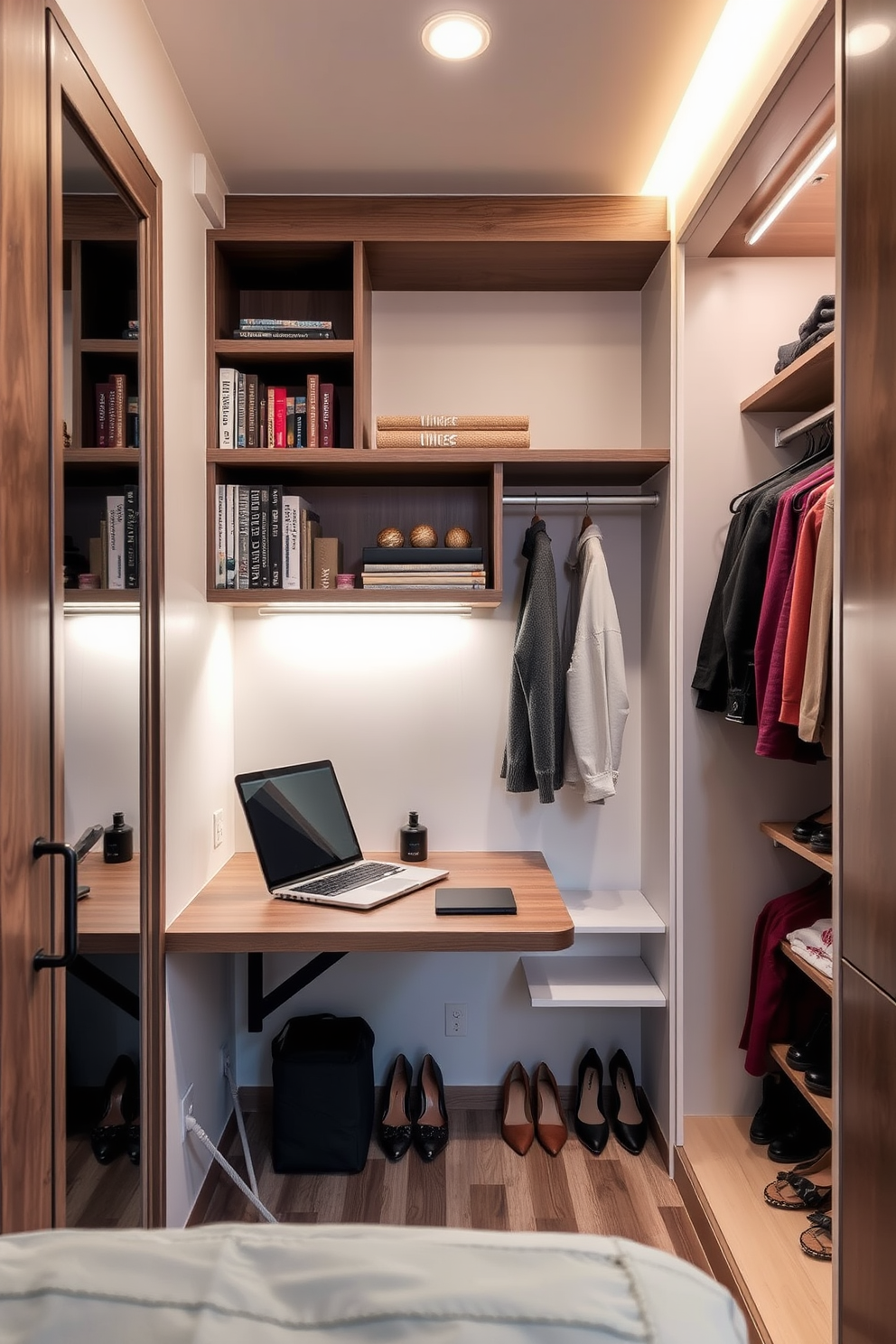 A cozy workspace features a fold-down desk mounted against the wall, providing a functional area for work without taking up too much space. Above the desk, floating shelves display books and decorative items, creating an organized and inviting atmosphere. The small walk-in closet is designed with built-in shelving and hanging rods, maximizing storage while maintaining a clean aesthetic. Soft lighting illuminates the space, highlighting the neatly arranged shoes and accessories for easy access.